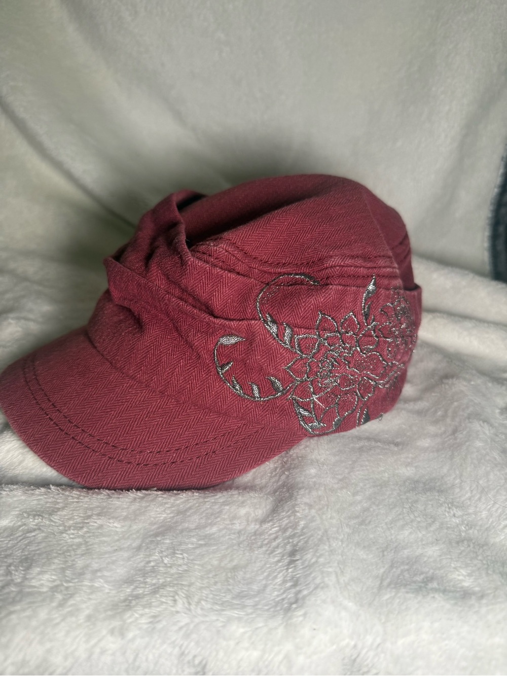 Anna & Ava Maroon Cadet Cap with Silver Floral Embroidery